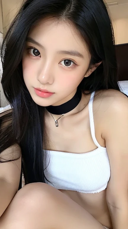 realistic, 1girl Indonesian , cute age14, beautiful and sexy face, slightly parted lips, Solo, Long hair, Colossal, Looking at the viewer, beautiful eyes, Black hair, jewels, sitting on the bed, Full body, white tank top, nipples stands out, choker necklace, exposed thighs, white mini skirt, sexy