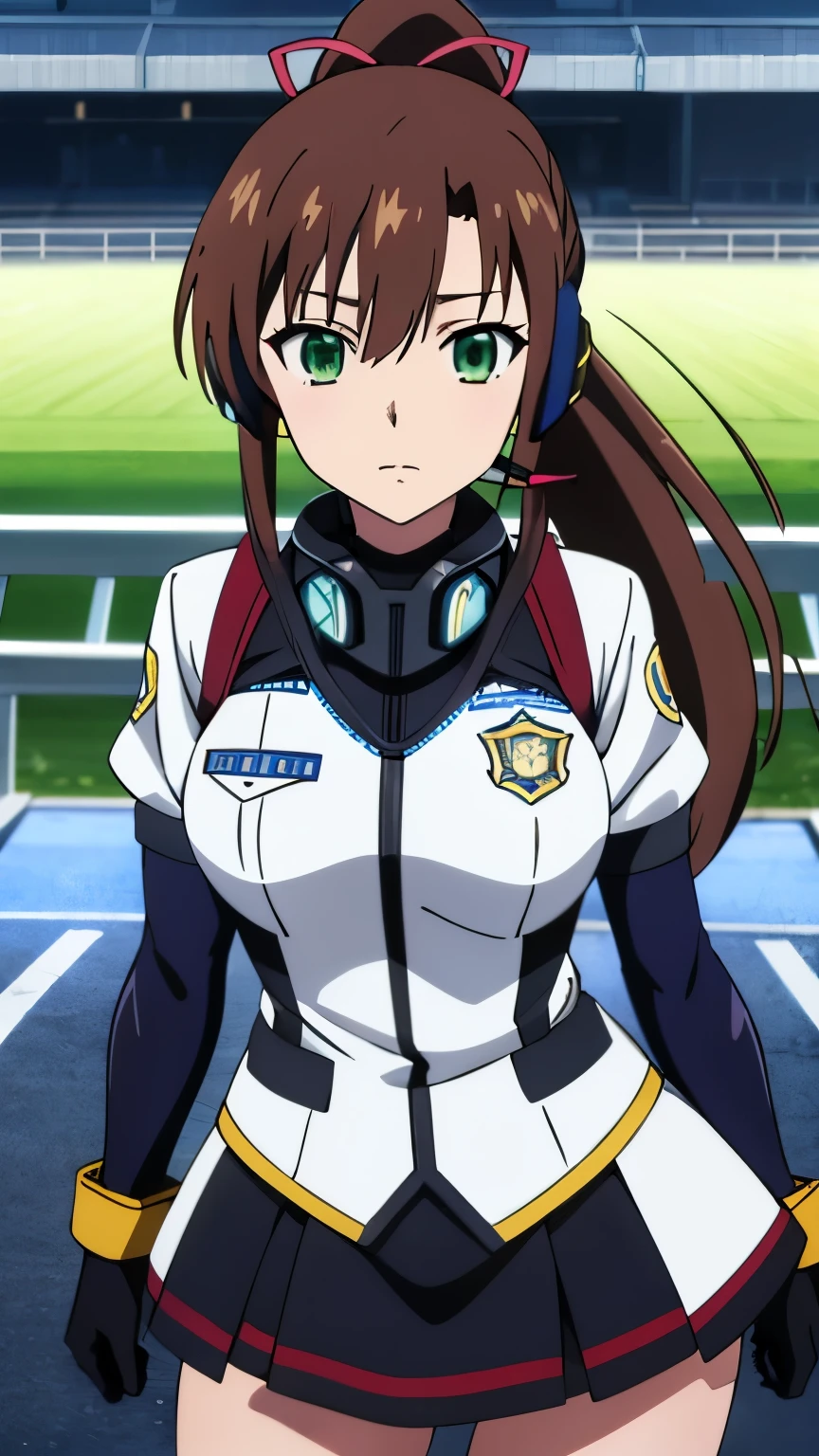 masterpiece, best quality, 8k, anime art style, Kirasaka Sayaka, Dark brown hair, ponytail, hair ribbon, (Wearing a futuristic police racing suit, low mini skirt, police emblem, high tech headset, military harness and racing gloves), looking at the viewer, green eyes, light in the eyes, (big breasts: 0.7), cowboy shot