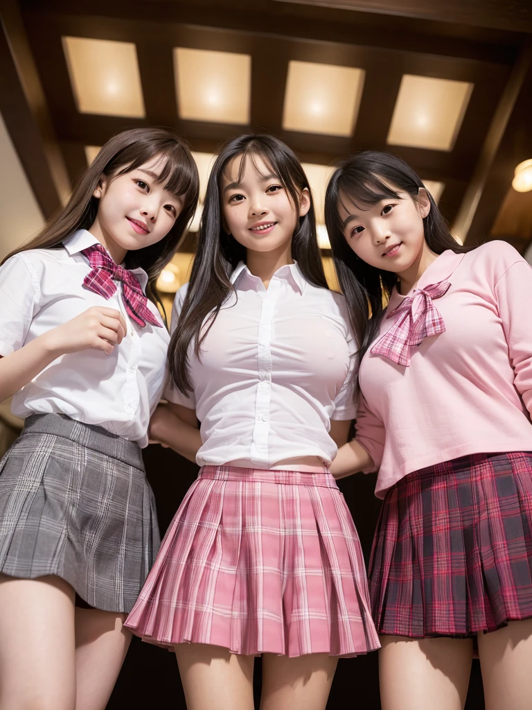 (masterpiece:1.5),(highest quality:1.5),(Highest quality:1.5),(8K:1.5),A group of elementary school girls wearing very short pink plaid skirts,Young face,smile,(Big Breasts:1.2),Very tight shirt,(Angle from below:1.3),Panty shot,Junior idol