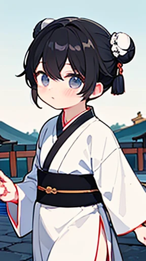 ancient China、ancient Chinaの衣装を着た少年、Intelligent boy、Looking into the camera、One bun hairstyle、Walking Alone、Hanfu、Black Hair