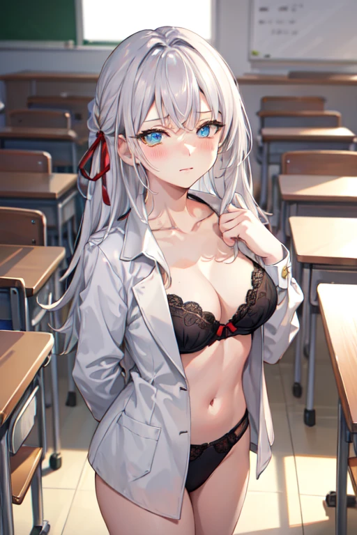 masterpiece, highres, highest quallity, illustration, cinematic light, ultra detailed, detailed face, detailed eyes, best quality, hyper detailed, masterpiece, detailed face,beautiful face,perfect body,1girl,courtesan long hair, blue eyes,hair ribbon, white hair, pov, white collared shirt,bottomless,red ribbon,cowboy shot,seductive posture,classroom,standing,sexy bra,sexy panty,blush,cast eyes down,closed mouth,open shirt,the classmates,crowd,group picture