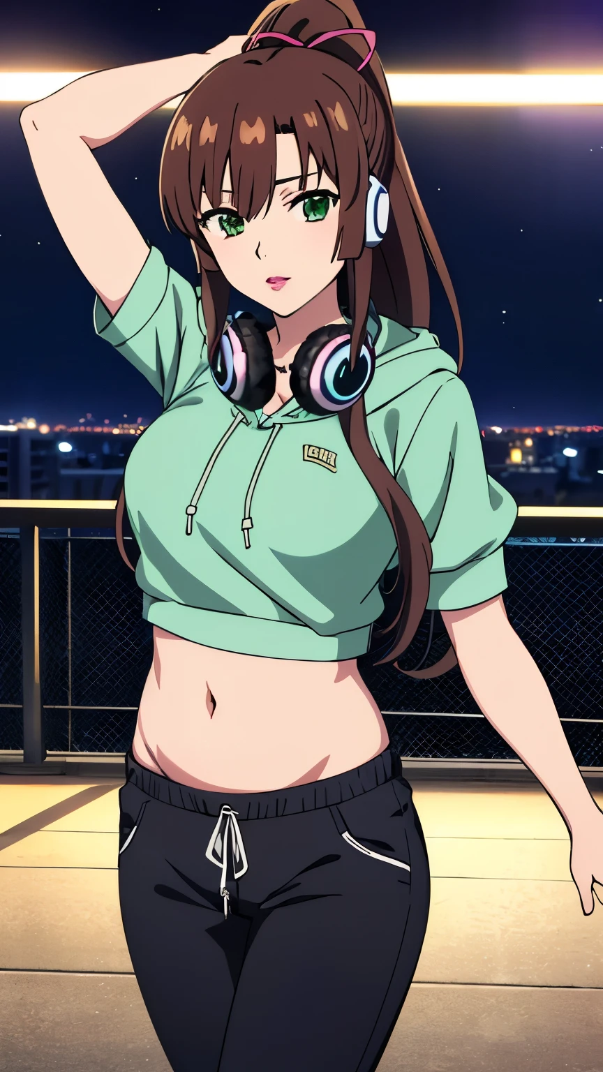 masterpiece, best quality, 8k, anime art style, Kirasaka Sayaka, Dark brown hair, ponytail, hair ribbon, (hip hop dancer style, headphones around neck, pants, hooded sweatshirt, colorful shirt, belly button, natural lips, city, night), looking at the viewer, green eyes, light in the eyes, (big breasts: 0.7), cowboy shot