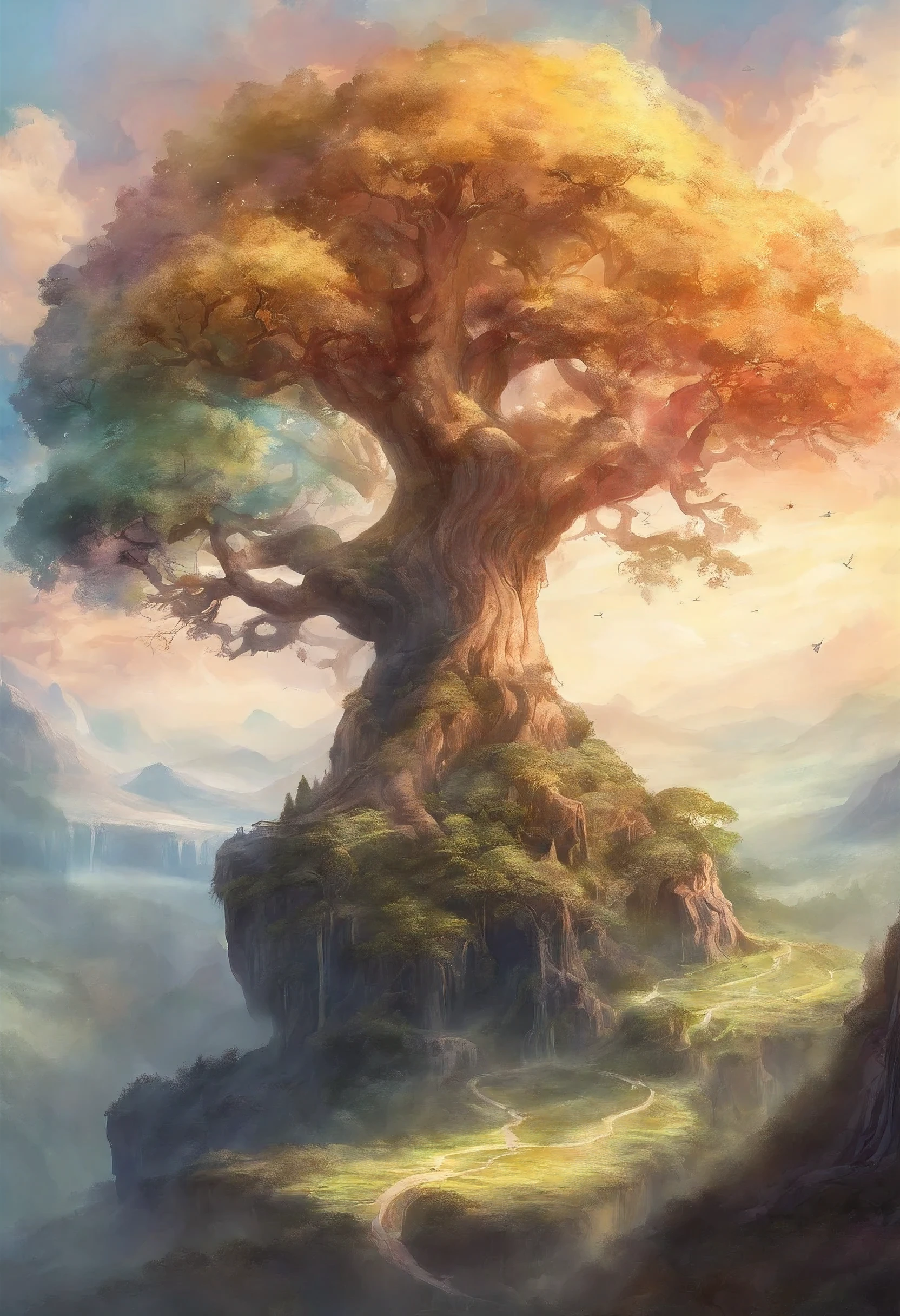watercolor image, Landscape with giant World Tree, Yggdrasill, looking up at the huge world tree