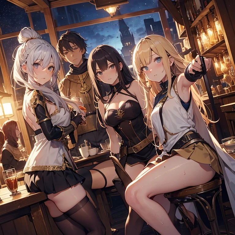 A group of young female knight, (in tavern), various hair styles, harem, wearing armored clothes, metal armor, night, details face, , short skirt, seducing, sword, sleeveless , night, starry night 