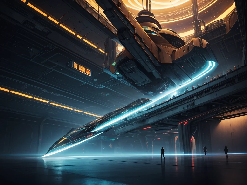 A breathtaking, hyperrealist masterpiece that seamlessly blends the artistic styles of H.G.Wells, Issac Asimov, and Steampunk. The focal point is an extraordinary, futuristic sci-fi portrait of an immense starship, with neon gold and ruby red as its primary colors, creating a striking contrast against the vastness of space.Starship UPA Vagark NDD 1825 out a of hard glass +dark gold+ aquamarine.The glass & metal ring is a 432' long and 24 in diameter.There is a saucer section that is 72' high by 288' long by 144'wide,&it goes beyond the ring by 60° to the front of the Starship.Put 2 nacels@ 75° above the back of the Starship.A striking digital illustration of the interior of a massive spaceship with a grey exterior, illuminated by blue neon light fixtures. Intricate levels and rooms are interconnected, with workers dressed in forest green body armor attending to their duties. The background features futuristic tech and industrial design elements, including towering skyscrapers and AI figures in awe. Through the dock window, another spaceship is visible, flying just outside. The birth of the world's first functional quantum computer is masterfully depicted as a glowing, intricate structure in the foreground. The scene artfully blends photo and 3D render techniques, creating a mesmerizing and iconic portrait that incorporates dark fantasy elements. The starship's primary colors are neon gold and candy apple red, contrasting against the vastness of space and inspired by visionary styles of Jules Verne, Leonardo Da Vinci.A highly detailed, photorealist hyperdetailed, masterpiece, seamlessly blending the artistic styles of Steven Spielberg, J. Michael Straczynski, & Larry Niven.The primary colors of the immense starship are neon gold, sky blue and ruby red accents, creating a striking contrast against the vastness of space. Aquamarine-colored crystalline nacelles, elegantly angled at 75 degrees, emit a mesmerizing neon sky blue light, adding to the ship's futuristic allur