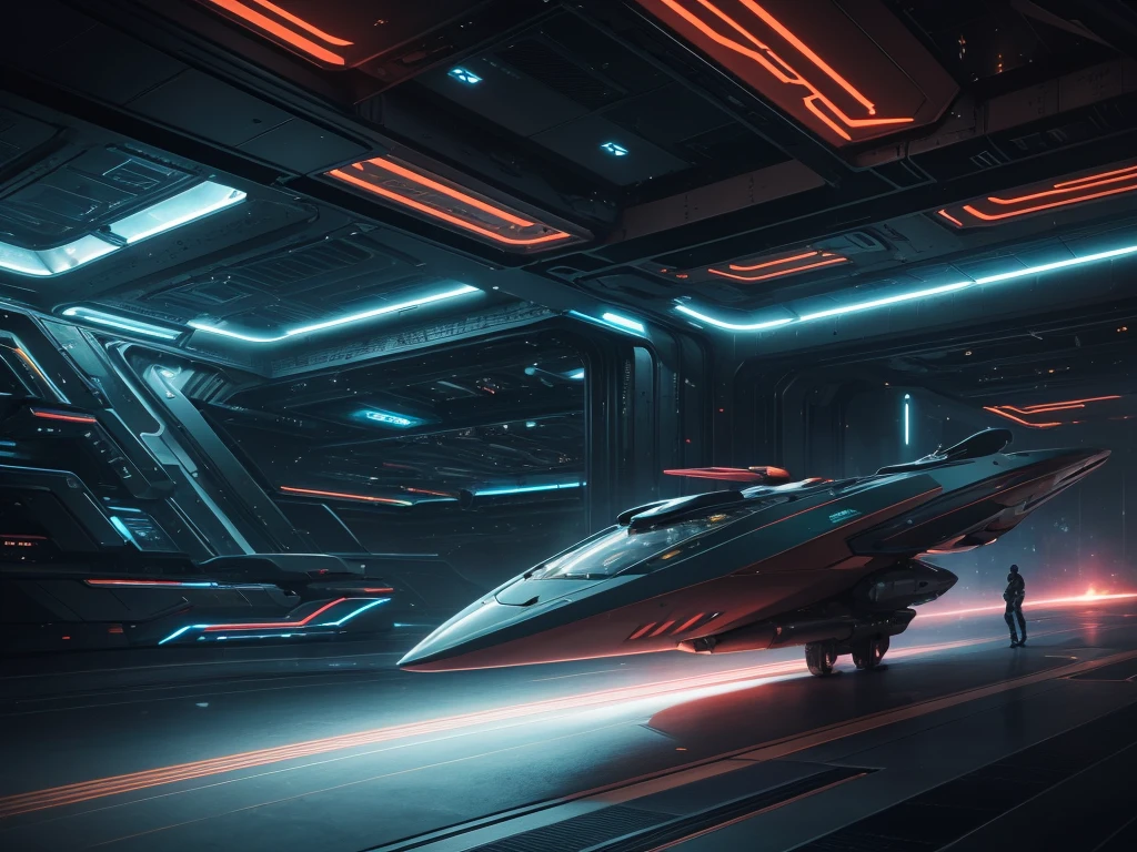 A breathtaking, hyperrealist masterpiece that seamlessly blends the artistic styles of H.G.Wells, Issac Asimov, and Steampunk. The focal point is an extraordinary, futuristic sci-fi portrait of an immense starship, with neon gold and ruby red as its primary colors, creating a striking contrast against the vastness of space.Starship UPA Vagark NDD 1825 out a of hard glass +dark gold+ aquamarine.The glass & metal ring is a 432' long and 24 in diameter.There is a saucer section that is 72' high by 288' long by 144'wide,&it goes beyond the ring by 60° to the front of the Starship.Put 2 nacels@ 75° above the back of the Starship.A striking digital illustration of the interior of a massive spaceship with a grey exterior, illuminated by blue neon light fixtures. Intricate levels and rooms are interconnected, with workers dressed in forest green body armor attending to their duties. The background features futuristic tech and industrial design elements, including towering skyscrapers and AI figures in awe. Through the dock window, another spaceship is visible, flying just outside. The birth of the world's first functional quantum computer is masterfully depicted as a glowing, intricate structure in the foreground. The scene artfully blends photo and 3D render techniques, creating a mesmerizing and iconic portrait that incorporates dark fantasy elements. The starship's primary colors are neon gold and candy apple red, contrasting against the vastness of space and inspired by visionary styles of Jules Verne, Leonardo Da Vinci.A highly detailed, photorealist hyperdetailed, masterpiece, seamlessly blending the artistic styles of Steven Spielberg, J. Michael Straczynski, & Larry Niven.The primary colors of the immense starship are neon gold, sky blue and ruby red accents, creating a striking contrast against the vastness of space. Aquamarine-colored crystalline nacelles, elegantly angled at 75 degrees, emit a mesmerizing neon sky blue light, adding to the ship's futuristic allur