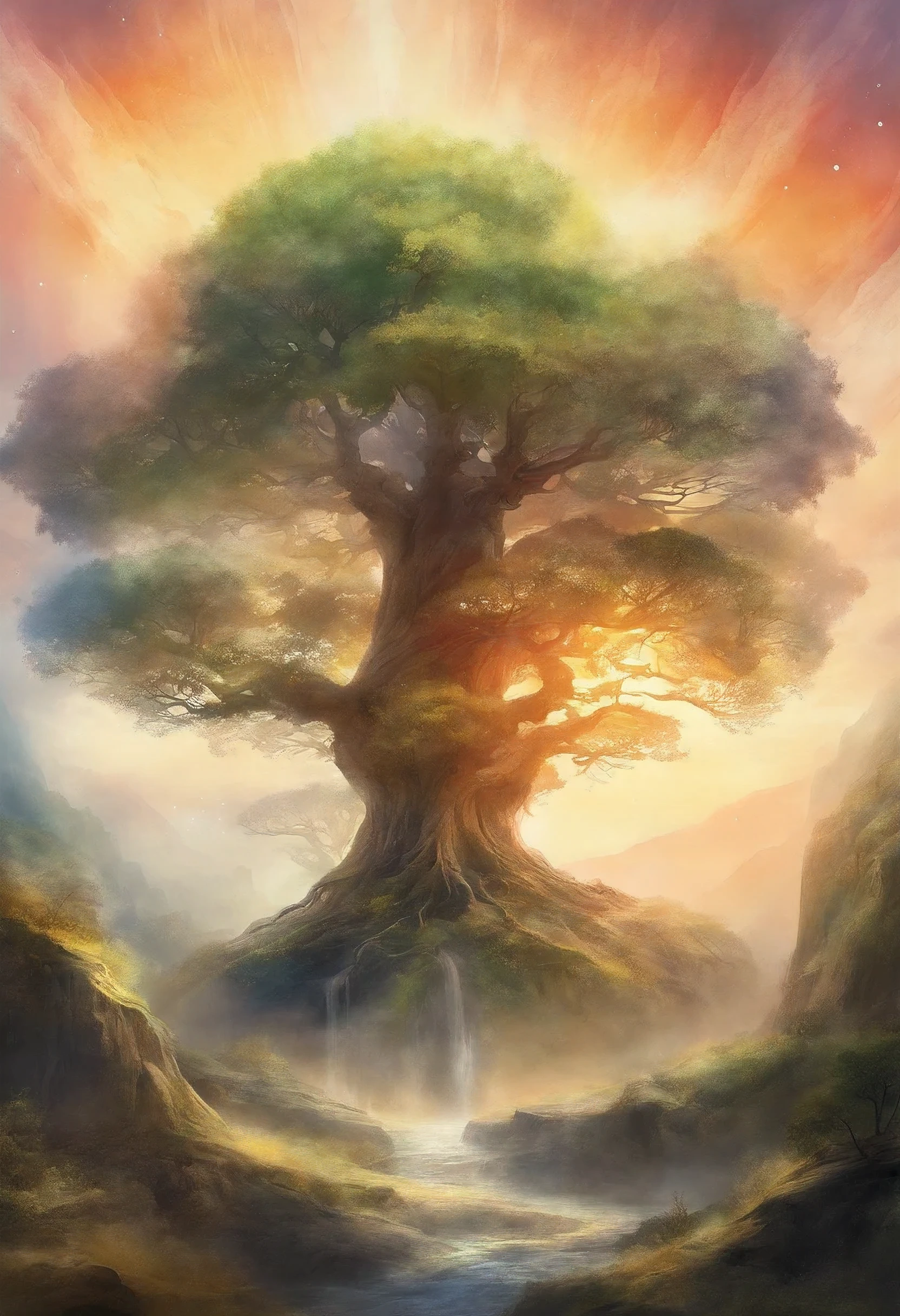watercolor image, Landscape with giant World Tree, Yggdrasill, looking up at the huge world tree