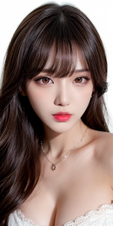 Canon RF 85mmf/1.2,masutepiece,Best Quality,超A high resolution,tu,1 girl,(Korean mixed,Kpop Idol:1.2),Solo,white_shiny_skin,Black eyes,Necklace,brown_long_Wavy_hair,Red lipstick bright_shiny_Lips,Eyelashes,Bangs,deal,make - up,shiny,Pore,skin texture,Bracelet,off shoulders,See-through,Big breasts