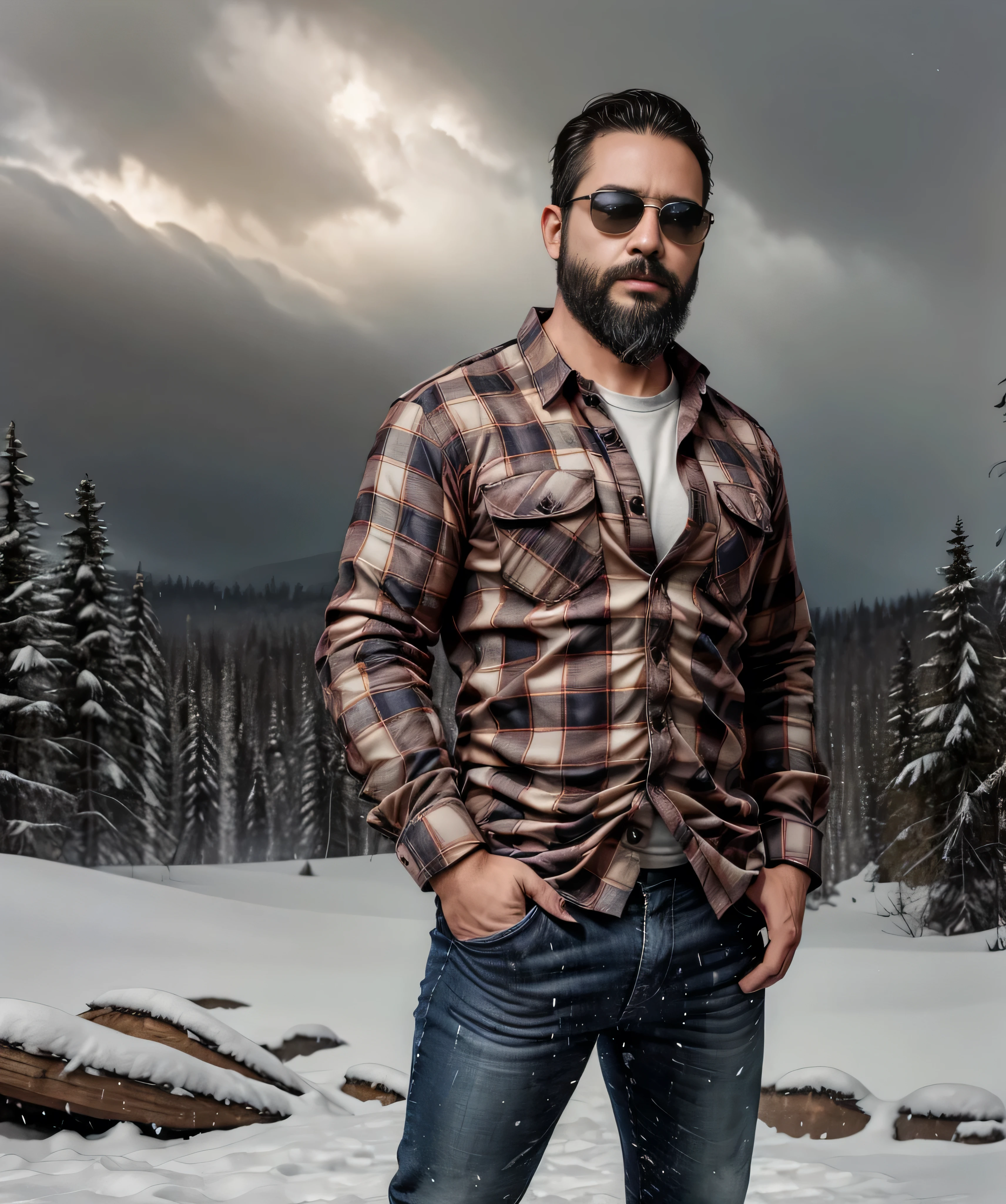 Obra maestra, desenfoque de campo, Parte superior del cuerpo, Hands in pants pockets, 38 year old man with beard and square sunglasses.. Man wearing a plaid shirt in an action movie with a snow storm in the background.