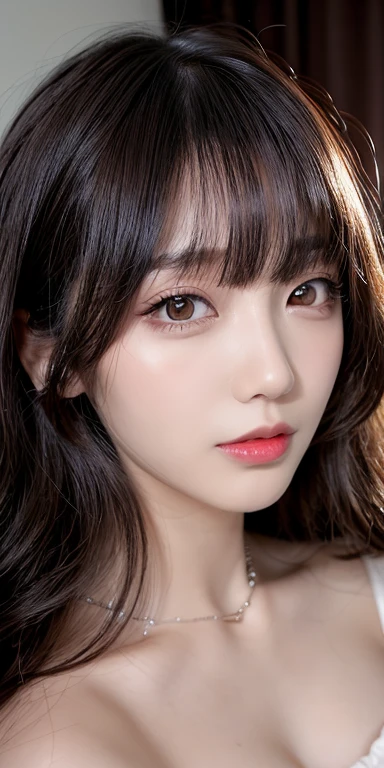 Canon RF 85mmf/1.2,masutepiece,Best Quality,超A high resolution,tu,1 girl,(Korean mixed,Kpop Idol:1.2),Solo,white_shiny_skin,Black eyes,Necklace,brown_long_Wavy_hair,Red lipstick bright_shiny_Lips,Eyelashes,Bangs,deal,make - up,shiny,Pore,skin texture,Bracelet,off shoulders,See-through,Big breasts