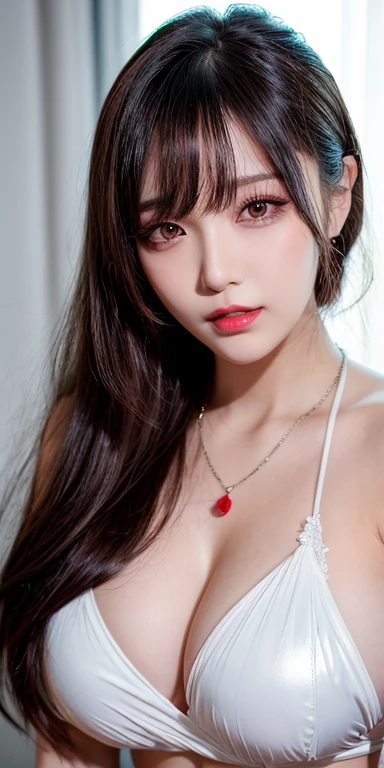Canon RF 85mmf/1.2,masutepiece,Best Quality,超A high resolution,tu,1 girl,(Korean mixed,Kpop Idol:1.2),Solo,white_shiny_skin,Black eyes,Necklace,brown_long_Wavy_hair,Red lipstick bright_shiny_Lips,Eyelashes,Bangs,deal,make - up,shiny,Pore,skin texture,Bracelet,off shoulders,See-through,Big breasts