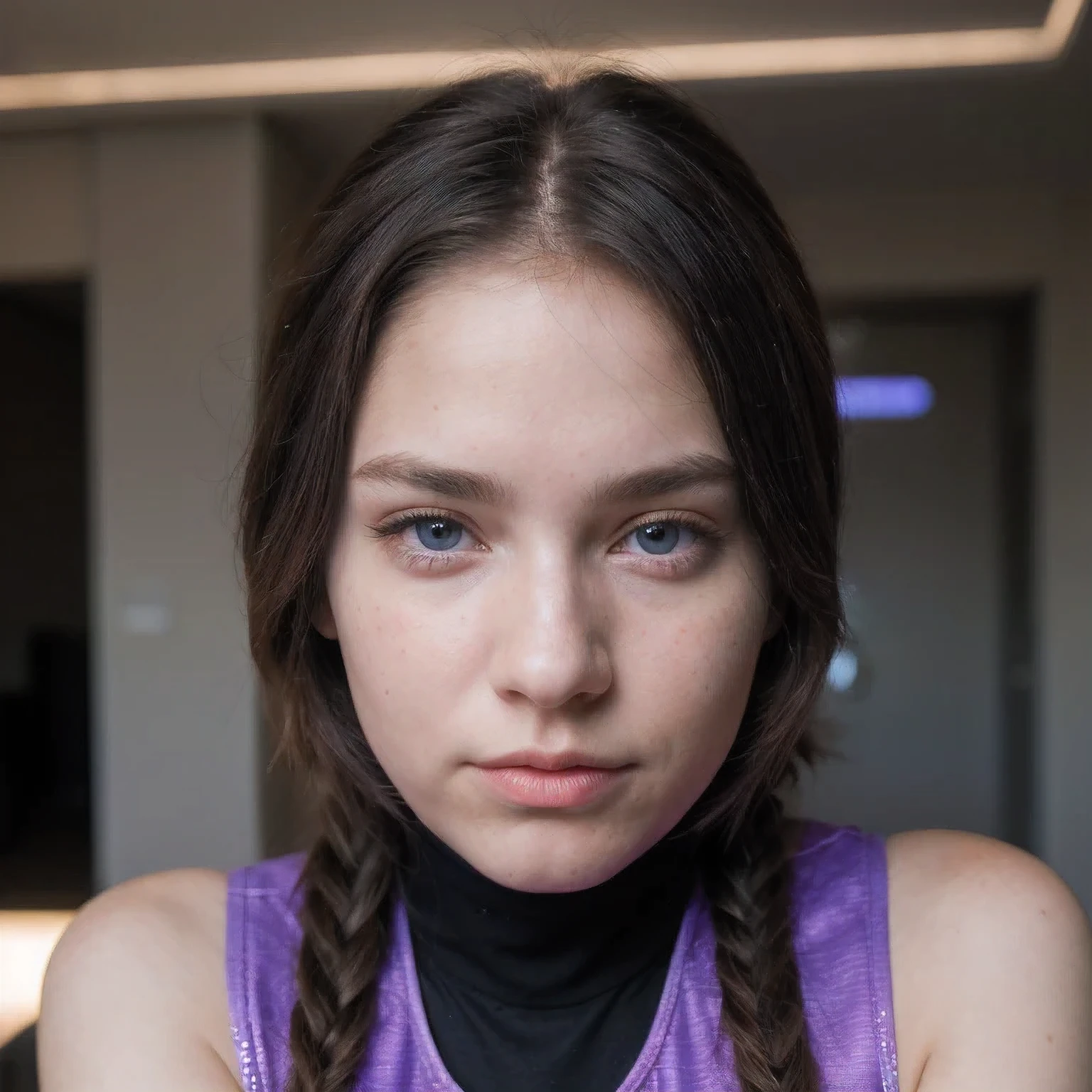 photo of a college student, in Purple Pink, futuristic space suit, (freckles:0.8) cute face, sci-fi, dystopian, detailed eyes, Heterochromia eyes（（school student））