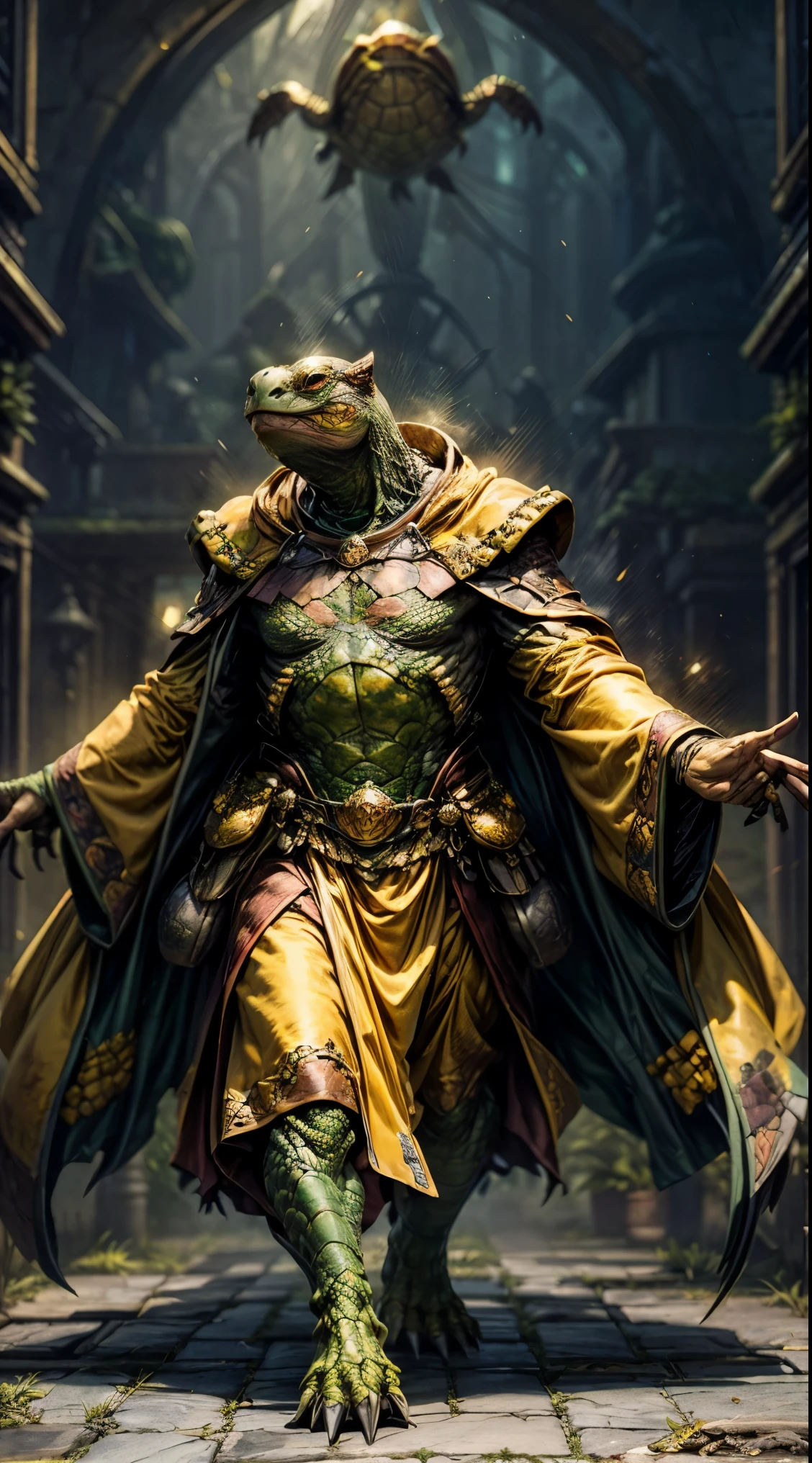 portrait, full body Anthropomorphic, old turtle, green skin, (turtle man), ((wearing yellow robes)), (fantasy creature) hunchback, glasses