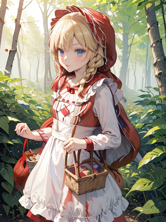 masterpiece, highest quality, Very detailed, 16k, Ultra-high resolution, 6 year old girl, (little red riding hood:1.5), Detailed face, blue eyes, Blonde, Braid, Red dress, White apron, (Red hood on head:1.2), basket, basketの中には果物, in the forest, During a walk