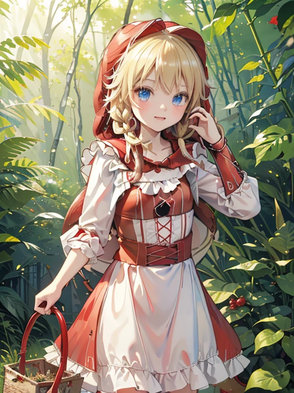 masterpiece, highest quality, Very detailed, 16k, Ultra-high resolution, 6 year old girl, (little red riding hood:1.5), Detailed face, blue eyes, Blonde, Braid, Red dress, White apron, (Red hood on head:1.2), basket, basketの中には果物, in the forest, During a walk
