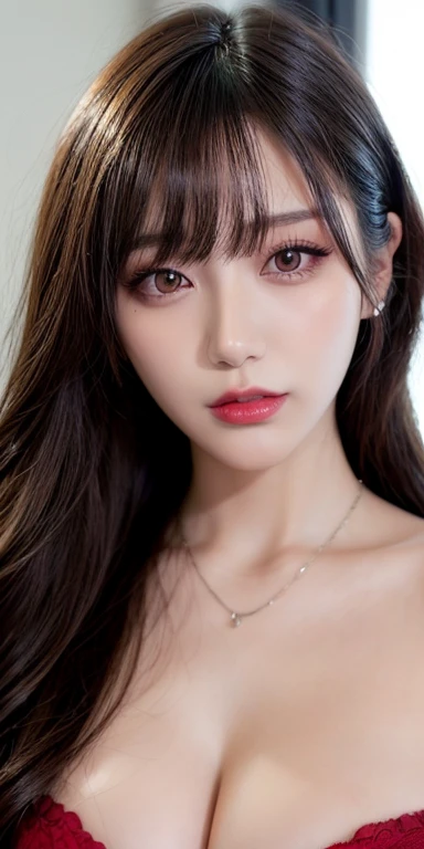 Canon RF 85mmf/1.2,masutepiece,Best Quality,超A high resolution,tu,1 girl,(Korean mixed,Kpop Idol:1.2),Solo,white_shiny_skin,Black eyes,Necklace,brown_long_Wavy_hair,Red lipstick bright_shiny_Lips,Eyelashes,Bangs,deal,make - up,shiny,Pore,skin texture,Bracelet,off shoulders,See-through,Big breasts