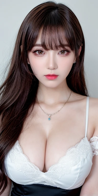 Canon RF 85mmf/1.2,masutepiece,Best Quality,超A high resolution,tu,1 girl,(Korean mixed,Kpop Idol:1.2),Solo,white_shiny_skin,Black eyes,Necklace,brown_long_Wavy_hair,Red lipstick bright_shiny_Lips,Eyelashes,Bangs,deal,make - up,shiny,Pore,skin texture,Bracelet,off shoulders,See-through,Big breasts