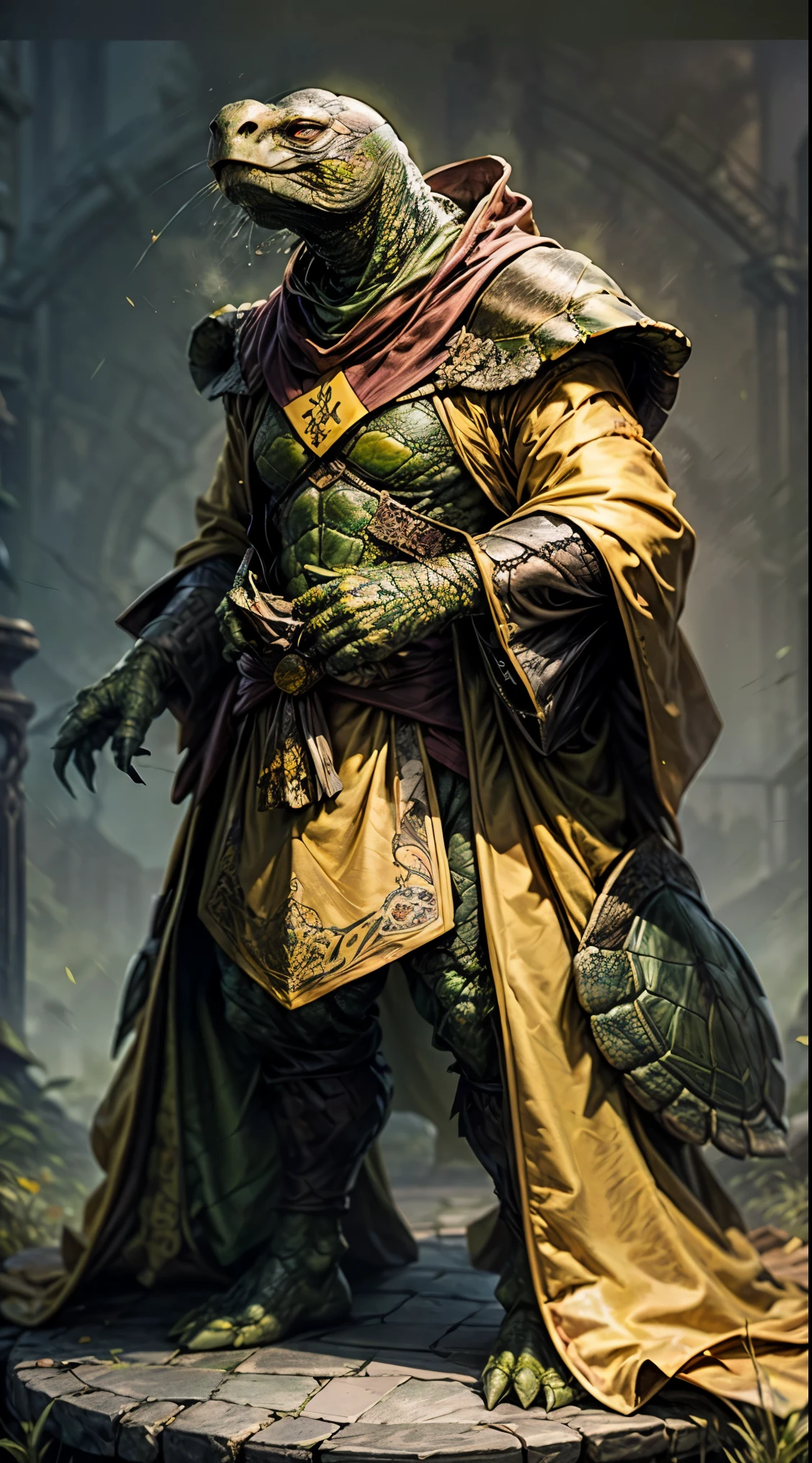 portrait, full body Anthropomorphic, old turtle, green skin, (turtle man), ((wearing yellow robes)), (fantasy creature) hunchback, glasses