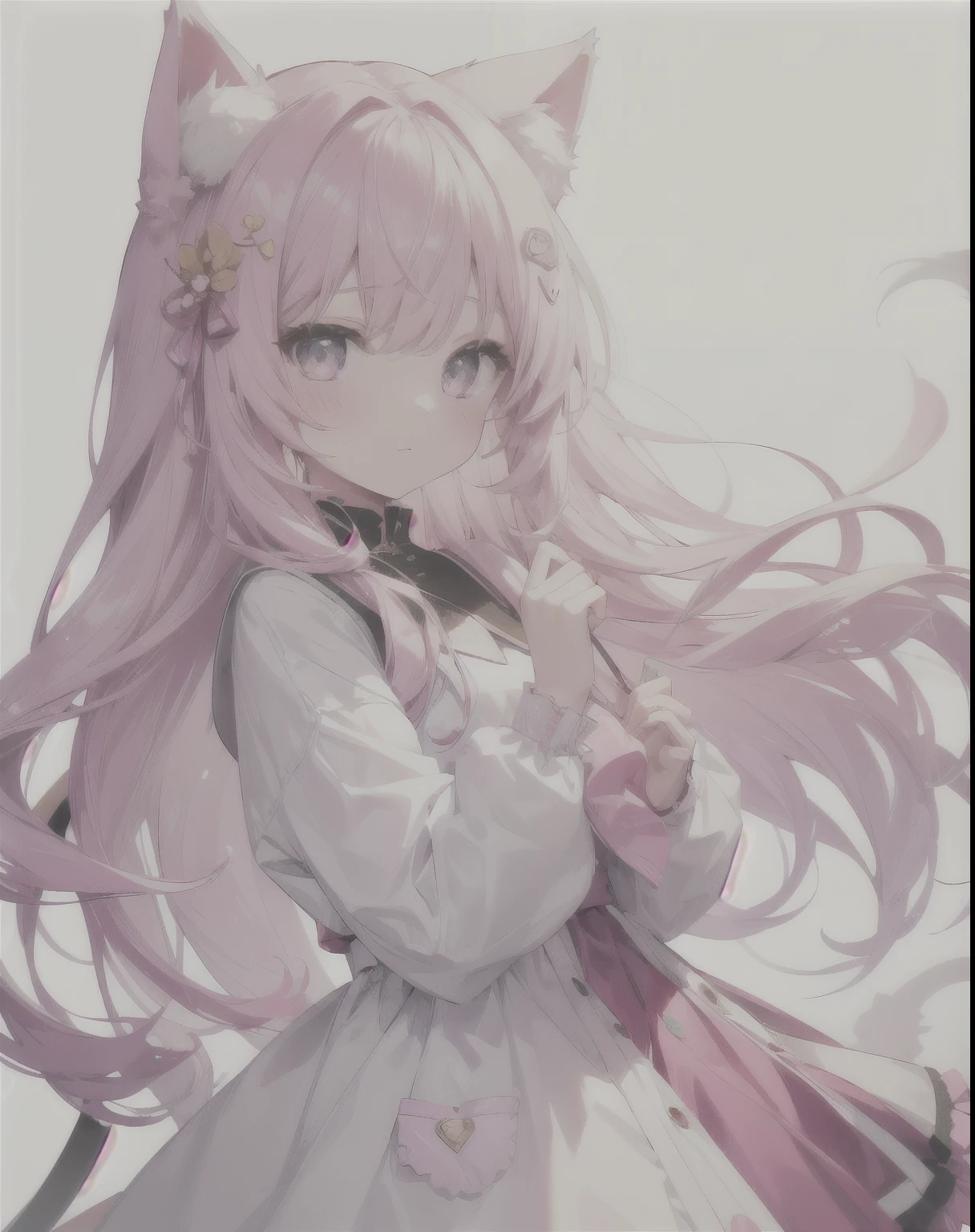 girl、cute、beautiful、No background、Background white、Cat ear、Pink Hair、Long Hair、Long Hair