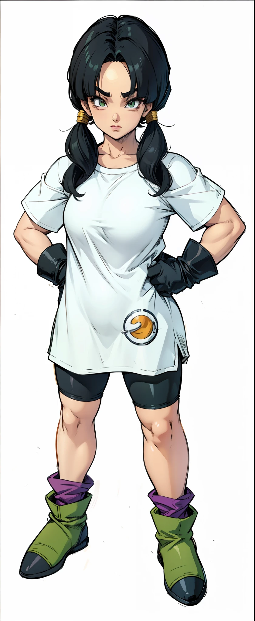 Videl, Dragon Ball, Extremamente Realista, muito linda pernas grossas, bunda grande, usando uma camiseta grande branca, um short legging preto, botas verdes, luvas, cabelo longo amarrado, sexy