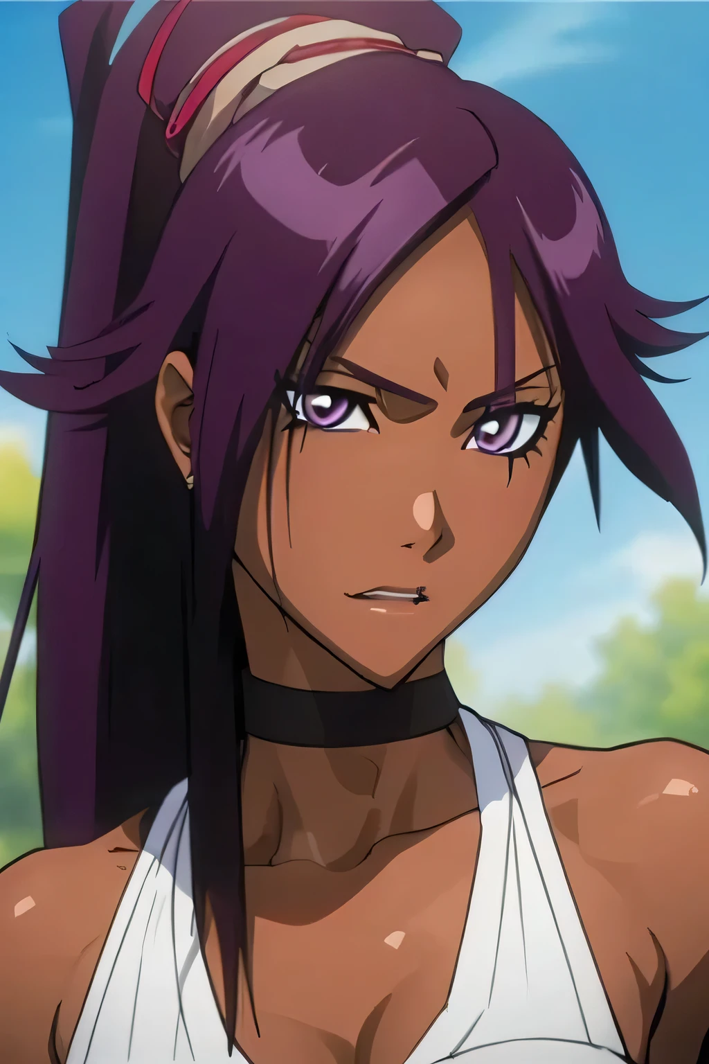 1 woman, yoruichi shihouin, dark skinned, long dark purple hair, ponytail, ((detailed eyes:1.2)), wearing tanktop, sexy, sensual, sleeveless, underboob, masterpiece, top quality, best quality, official art, beautiful and aesthetic:1.2), extreme detailed, colorful, highest detailed