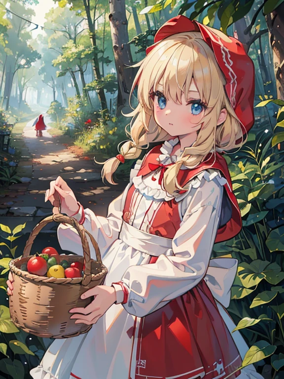 masterpiece, highest quality, Very detailed, 16k, Ultra-high resolution, 6  girl, (little red riding hood:1.3), Detailed face, blue eyes, Blonde, Braid, Red dress, White apron, (Red hood on head:1.2), basket, basketの中には果物, in the forest, During a walk