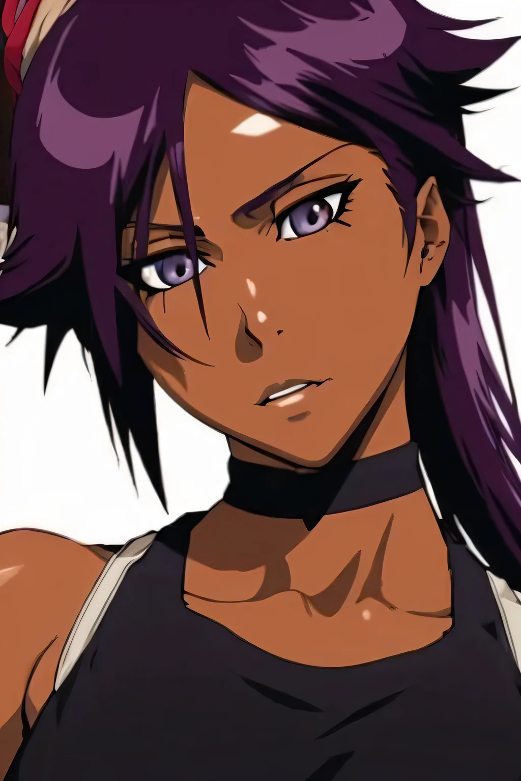 1 woman, yoruichi shihouin, dark skinned, long dark purple hair, ponytail, ((detailed eyes:1.2)), wearing tanktop, sexy, sensual, sleeveless, underboob, masterpiece, top quality, best quality, official art, beautiful and aesthetic:1.2), extreme detailed, colorful, highest detailed