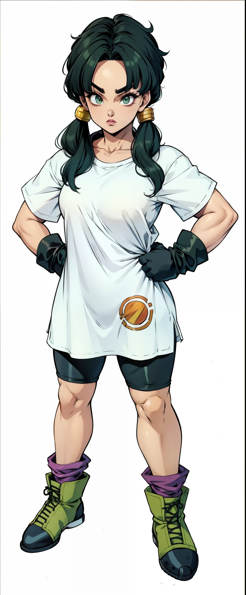 Videl, Dragon Ball, Extremamente Realista, muito linda pernas grossas, bunda grande, usando uma camiseta grande branca, um short legging preto, ternis verde, luvas, cabelo longo amarrado, sexy