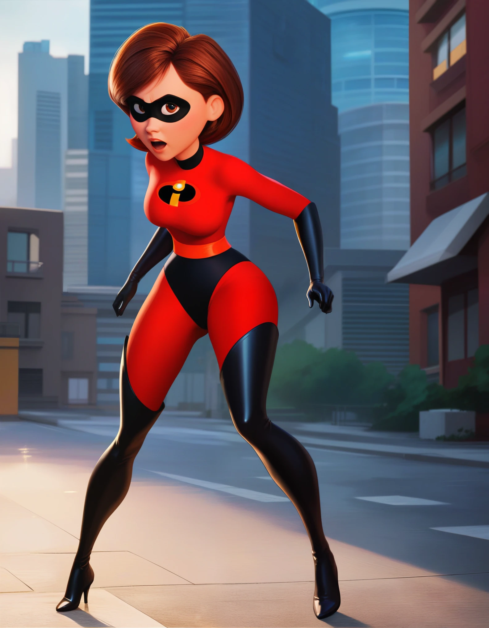 masterpiece,best quality, highly detailed, score_9, score_8_up, score_7_up, score_6_up,source anime,BREAK helen, 1girl, brown hair, superhero, mask, solo,red bodysuit, gloves, short hair, domino mask, thighhighs, thigh boots, breasts, full body, boots, open mouth, building, black gloves, elbow gloves, medium breasts, outdoors