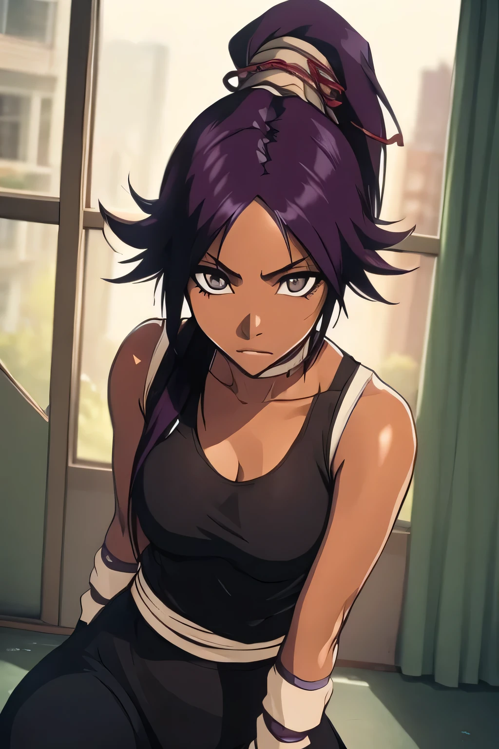 1 woman, yoruichi shihouin, dark skinned, long dark purple hair, ponytail, ((detailed eyes:1.2)), wearing tanktop, sexy, sensual, sleeveless, underboob, masterpiece, top quality, best quality, official art, beautiful and aesthetic:1.2), extreme detailed, colorful, highest detailed