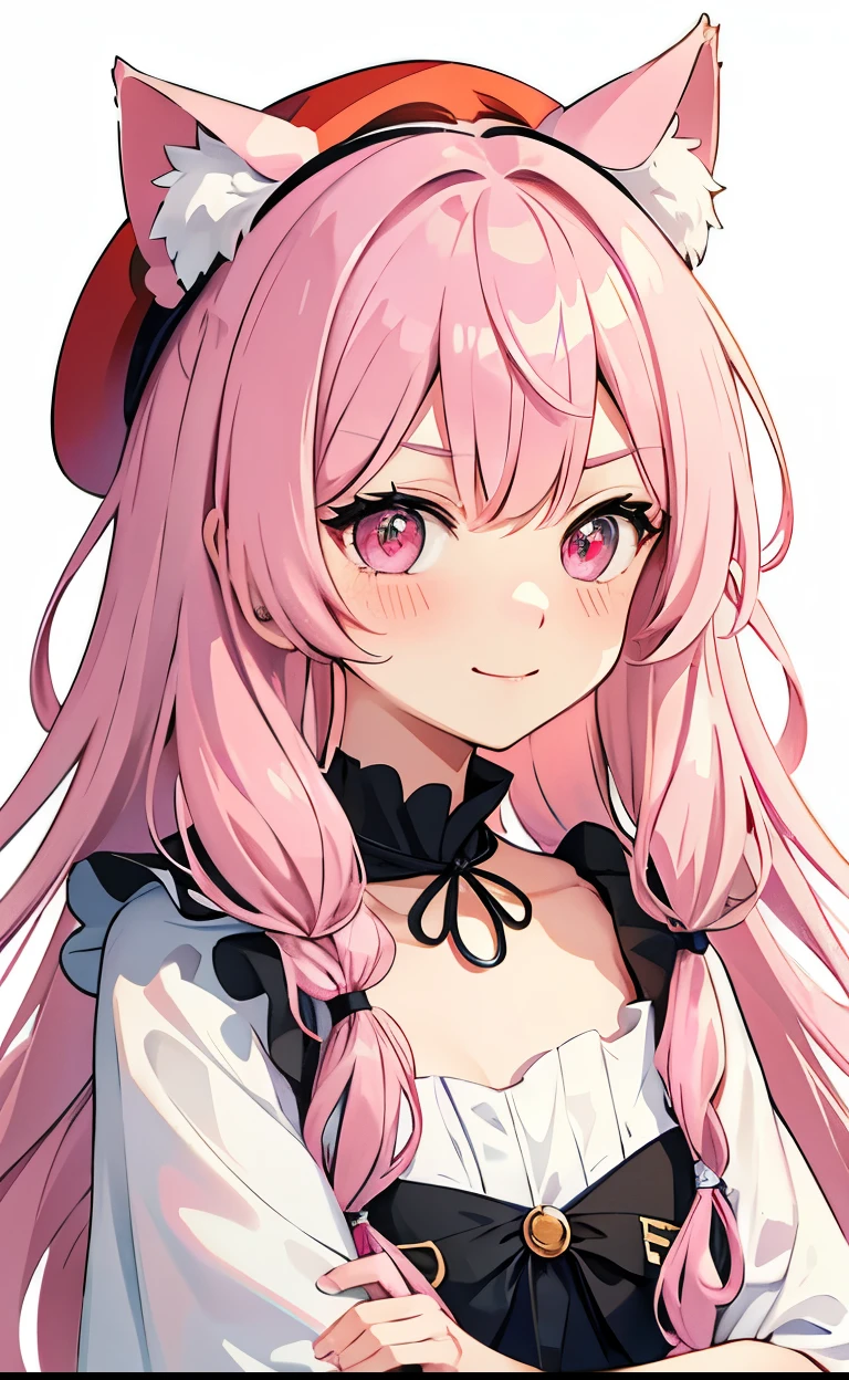 girl、White Background、No background、Long Hair、Long Hair、Pink Hair、Sparkling eyes、Red beret、Cat ear、Pink Eyes、Drooping eyes、Droopy eyebrows、one piece、肩出し白と黒とピンクのone piece、Frills、cute、Cute blush、Fair skin、smile、No background