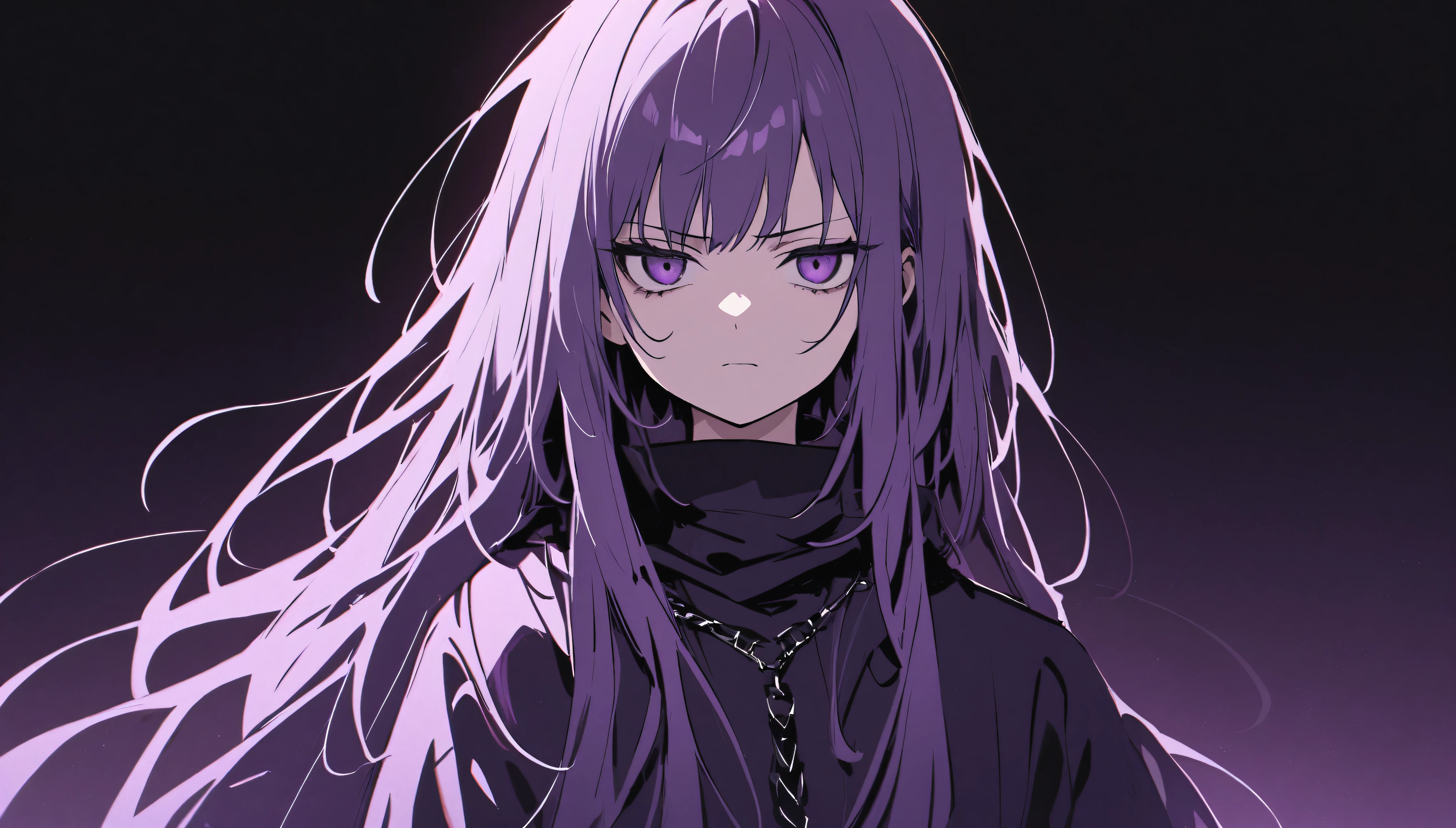 girl,cool, 1 person, Dark atmosphere, Black purple background, Gloomy face