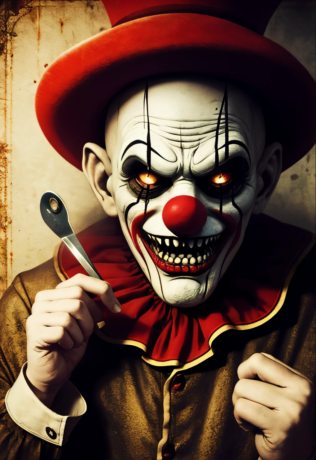 Scary old clown creepy smoke and hold scissors, poster film thriller, animation 3D, horror