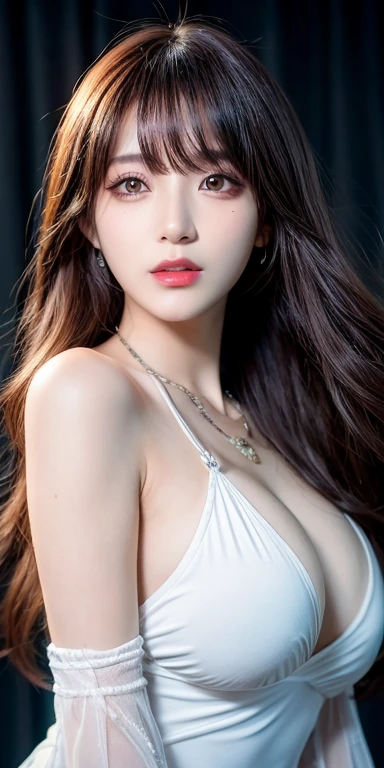 Canon RF 85mmf/1.2,masutepiece,Best Quality,超A high resolution,tu,1 girl,(Korean mixed,Kpop Idol:1.2),Solo,white_shiny_skin,Black eyes,Necklace,brown_long_Wavy_hair,Red lipstick bright_shiny_Lips,Eyelashes,Bangs,deal,make - up,shiny,Pore,skin texture,Bracelet,off shoulders,See-through,Big breasts