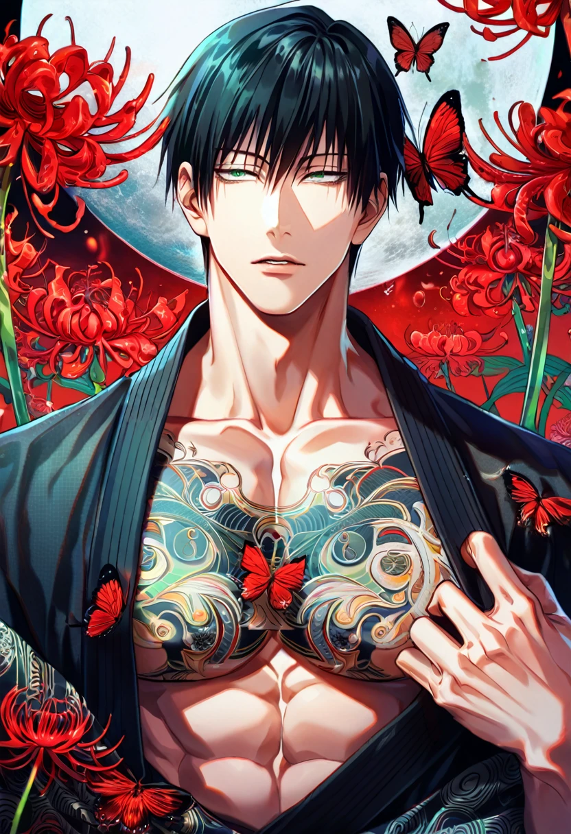 (absurdres, highres, ultra detailed, HDR) master piece, best quality, delicate features, Fushiguro Touji, straight black hair, expressive green eyes, Jujutsu Kaisen, solo, sexy man, handsome, showing the chest, black kimono with accessories, patterns, red spider lilies, red butterflies, magical moon, magical fantasy, water