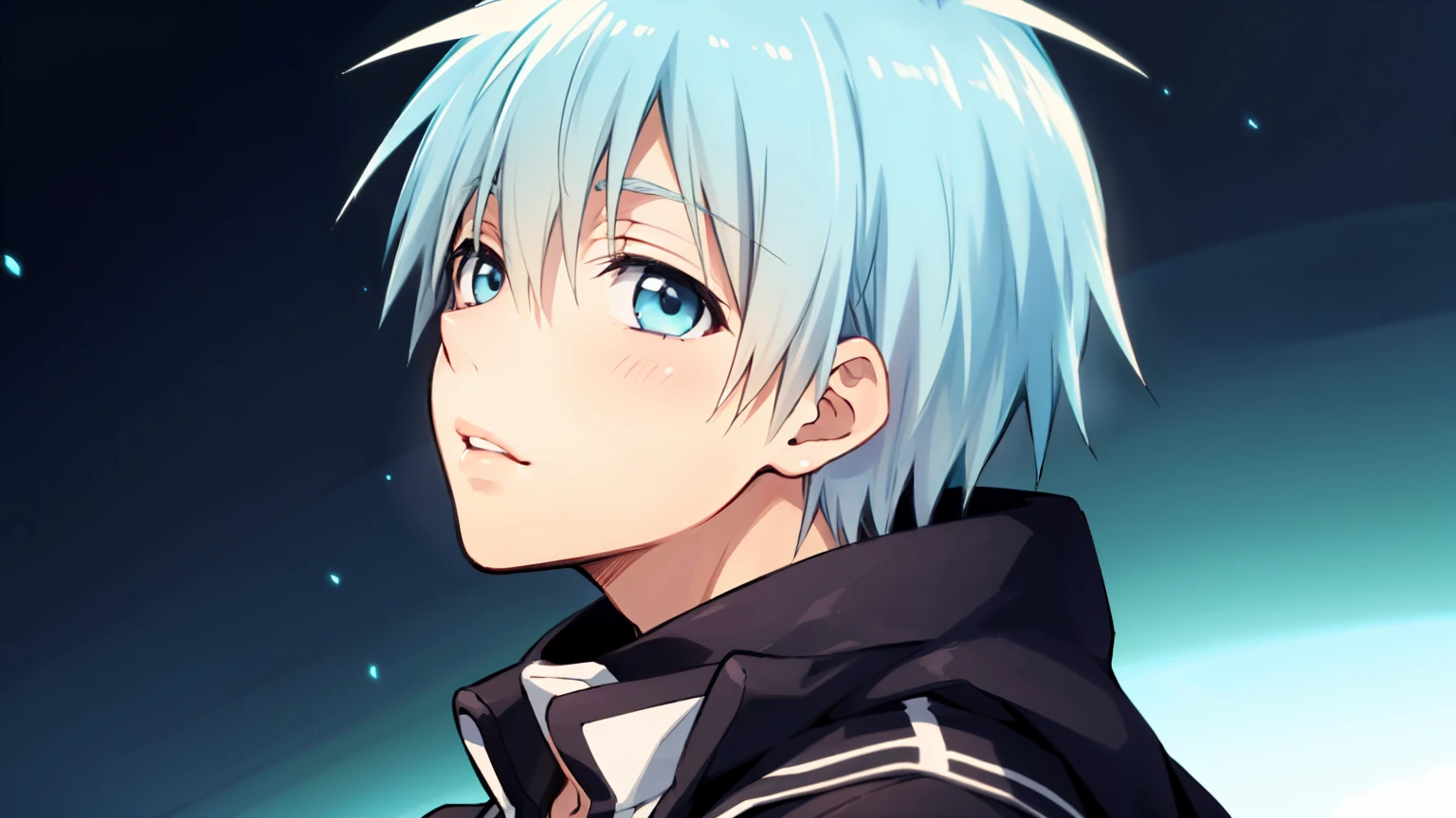 ((highest quality, super detailed,detailed eyes:1.3)),(((total 1 boy:1.2))),(cool face:1.3),light blue hair,short,hair,light blue eyes,kuroko tetsuya,BREAK(basketball uniform:1.2)BREAK(aqua blue aura background:1.1)BREAK,(from side,portrait,face focus:1.1),(boy on left:1.5),(looking at viewer:1.4)