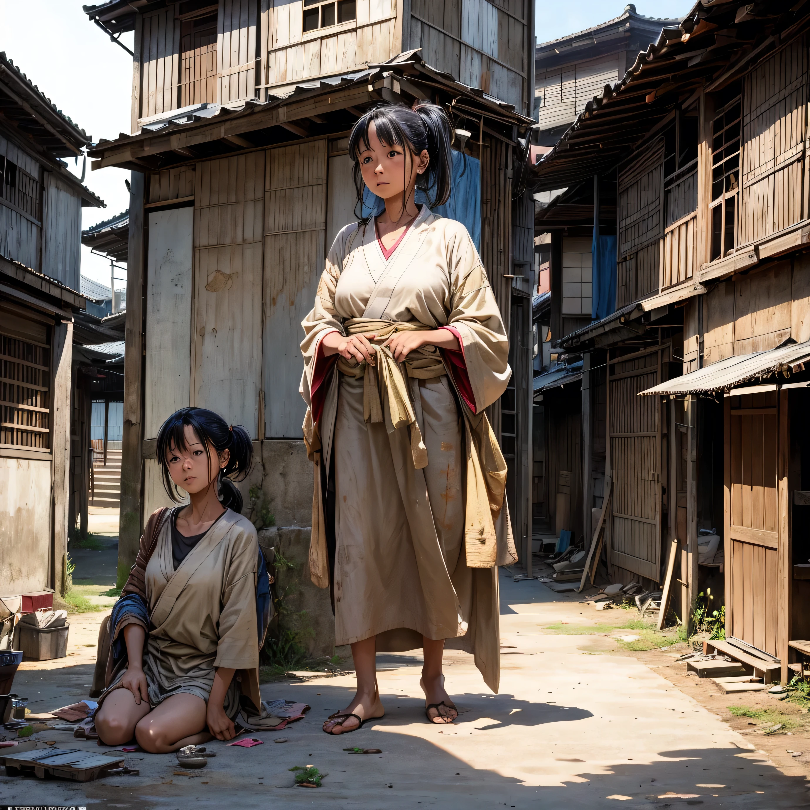 Images capturing slums in the Nara period, A distant shot of an unattractive adult woman standing, Wearing worn out, dusty clothes, tabi, No shoes, There&#39;s a man peeking from the shadows, masterpiece, High resolution, Masterpiece