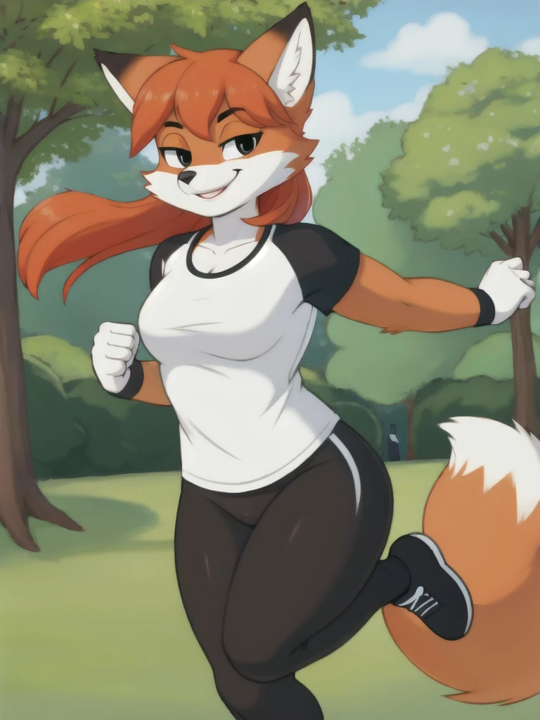 Furry, fox, smile, black leggings, white shirt, jogging, solo, park