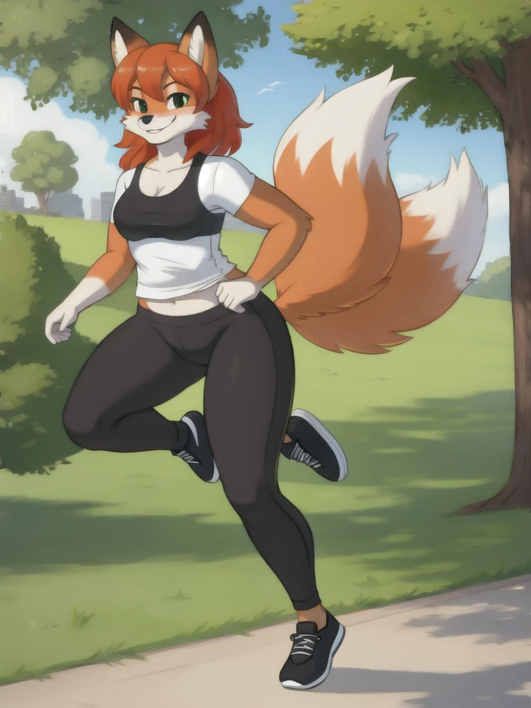 Furry, fox, smile, black leggings, white shirt, jogging, solo, park