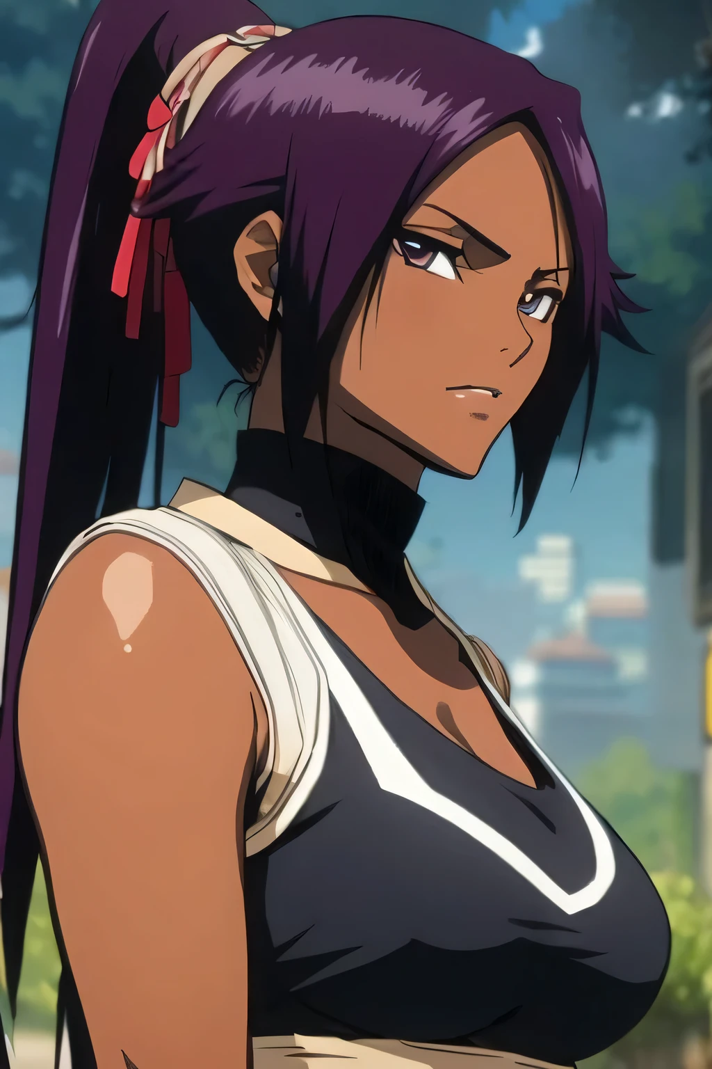 1 woman, yoruichi shihouin, dark skinned, long dark purple hair, ponytail, ((detailed eyes:1.2)), wearing tanktop, sexy, sensual, sleeveless, underboob, masterpiece, top quality, best quality, official art, beautiful and aesthetic:1.2), extreme detailed, colorful, highest detailed