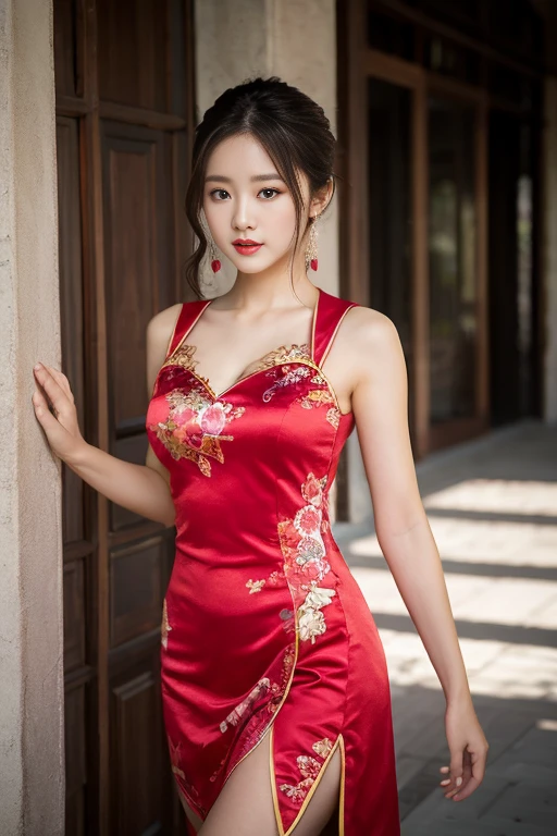 (8K, highest quality, masterpiece:1,2), (realistic, Photoreal:1.37), Super detailed, one girl,), (very detailed), (緻密で美しいeye), (highest qualityの), (Super detailed ), (masterpiece), (detailed face),woman((19 years old)), hair((red, wavy, length)), eye ((redいeye, 大きな eye)), Clothes((China dress, big slit, Floral)), accessories ((earrings, necklace)), huge breasts, big , smile, background,長いhair,redいClothes