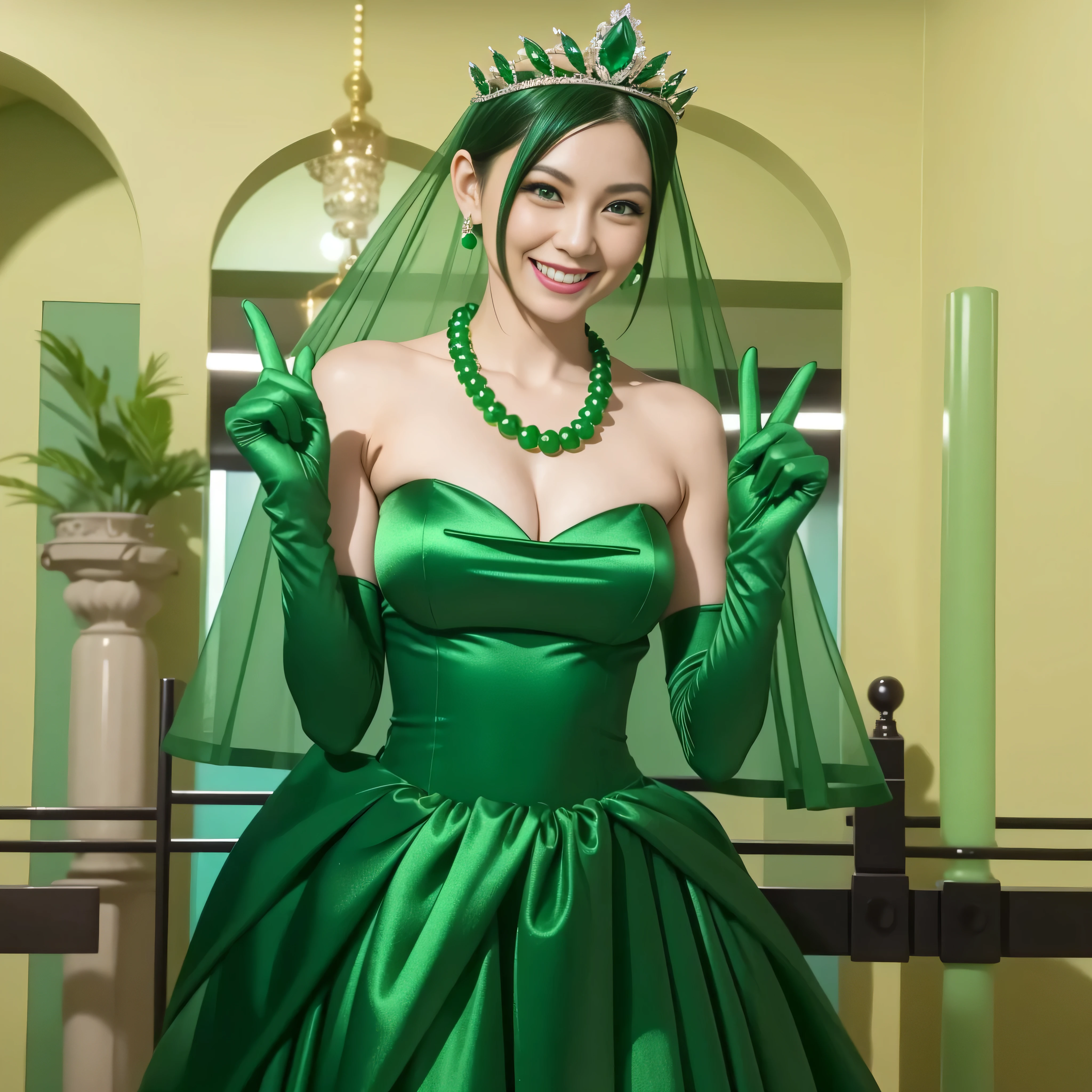 Emerald tiara, Green Pearl Necklace, Boyish very short green hair, lipstick, Smiling Japanese woman, Very short hair, Big tits beautiful, Green Eyes, Long green satin gloves, Green Eyes, V sign, Emerald Earrings, Green Veil