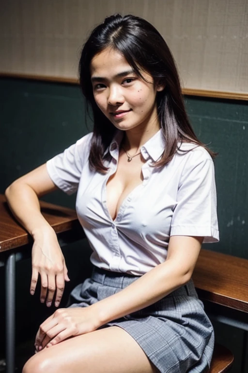 HD ((high quality)), ((masterpiece)), (detailed), perfect face,natural face, no make up,18 yo, javanese girl, Sma_uniform, cleavage uniform, cleavage, perfect breast with nipple see through, sweat, white shirt, mini grey skirt, cleavage, sit in classroom, sitting in the table, perfect body, open two legs