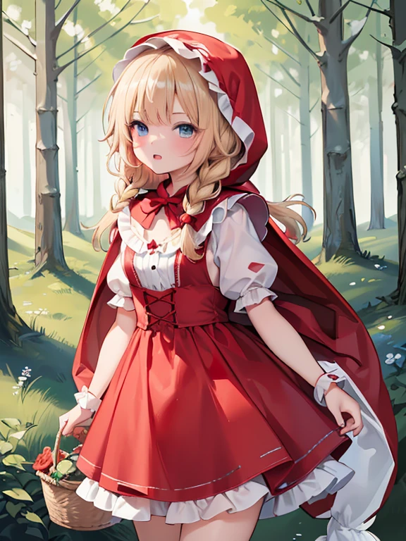 masterpiece, highest quality, Very detailed, 16k, Ultra-high resolution, 6 year old girl, (little red riding hood:1.3), Detailed face, blue eyes, Blonde, Braid, Red dress, White apron, (Red hood on head:1.2), basket, basketの中には果物, in the forest, During a walk