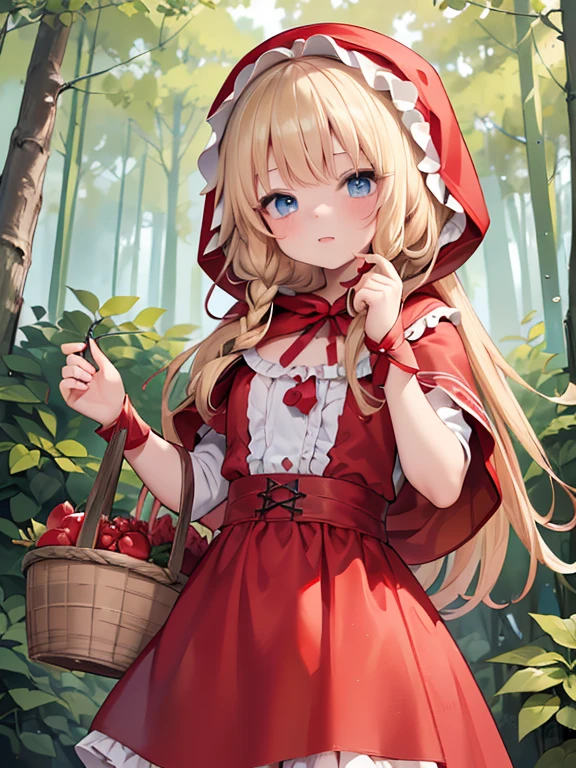 masterpiece, highest quality, Very detailed, 16k, Ultra-high resolution, 6 year old girl, (little red riding hood:1.3), Detailed face, blue eyes, Blonde, Braid, Red dress, White apron, (Red hood on head:1.2), basket, basketの中には果物, in the forest, During a walk