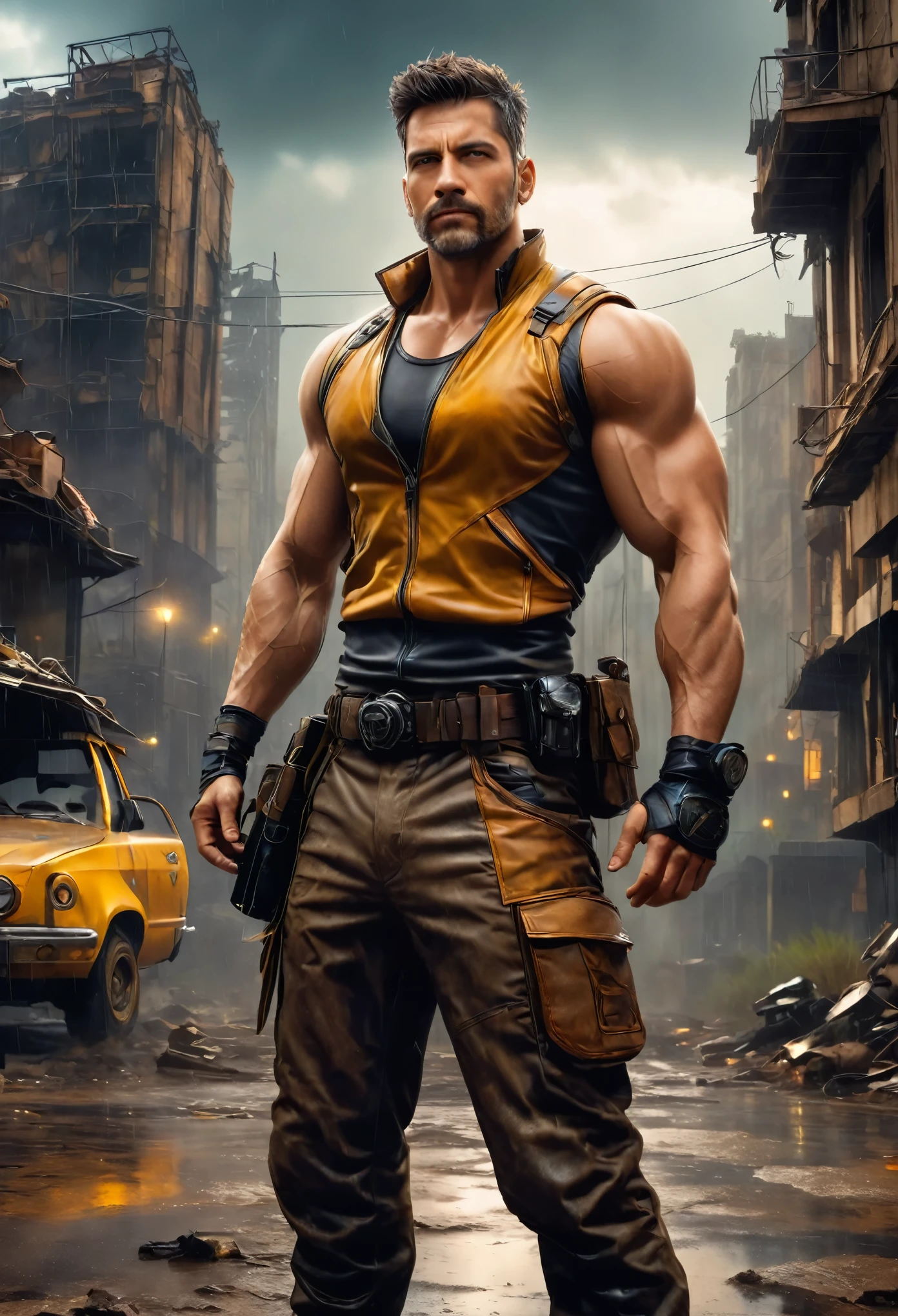 realista:1.3,( fotorrealista, 8k, Fotos CRUDAS, Calidad premium, obra maestra, epic lighting. de cerca, Imagen centrada), (primer plano),((1 hombre hermoso seguro de si misma musculos bien formados, post apocalyptic, guerrero, Rostro y cuerpo perfectamente detallados, (primer plano), escenario lluvioso, poca iluminacion por la lluvia, rostro y cuerpo mojados por la lluvia,iluminacion del de rayos, dynamic pose, cabello hermoso y detallado, ropa de cuero)), ((en una ciudad apocaliptica, edificios derrumbados, vigas de acero por todos lados:1.5)).