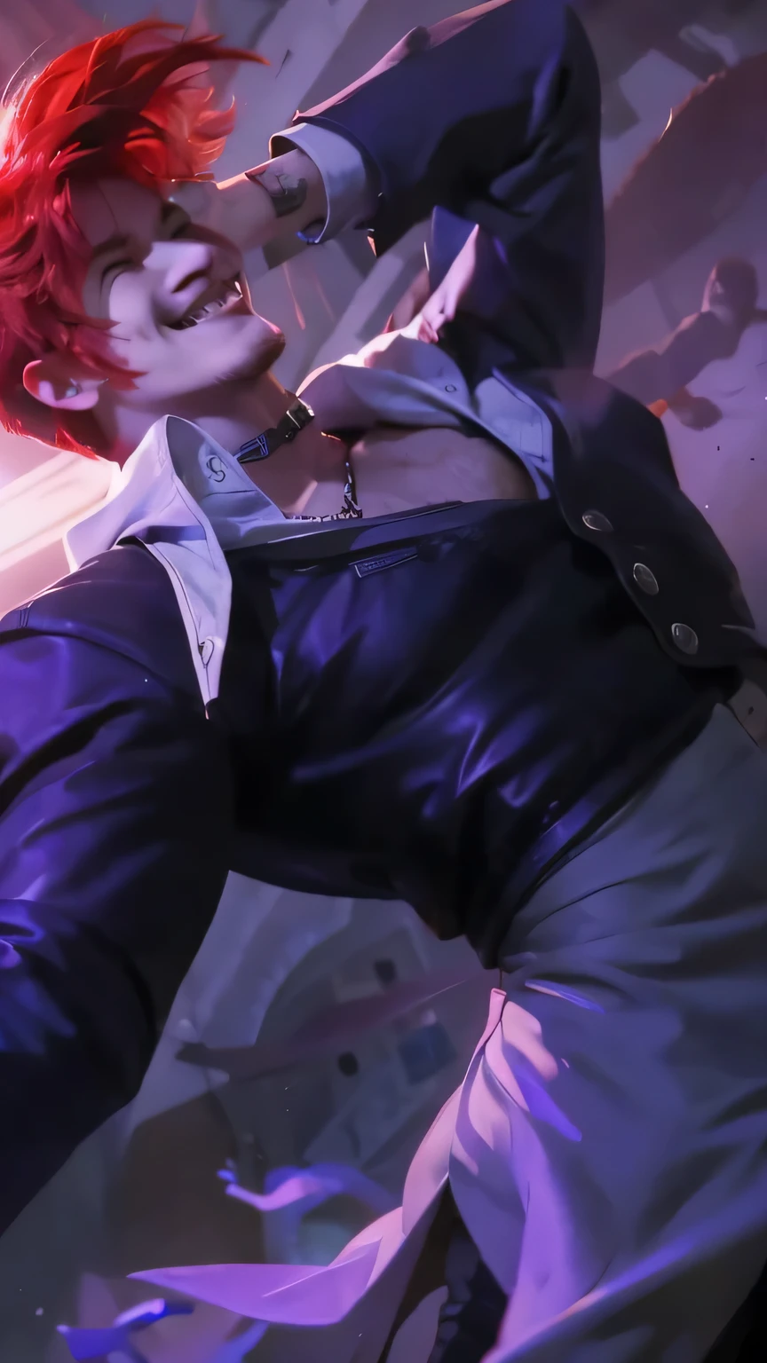 1man, red hair, masterpiece, laughing, smile, detailed, realistic