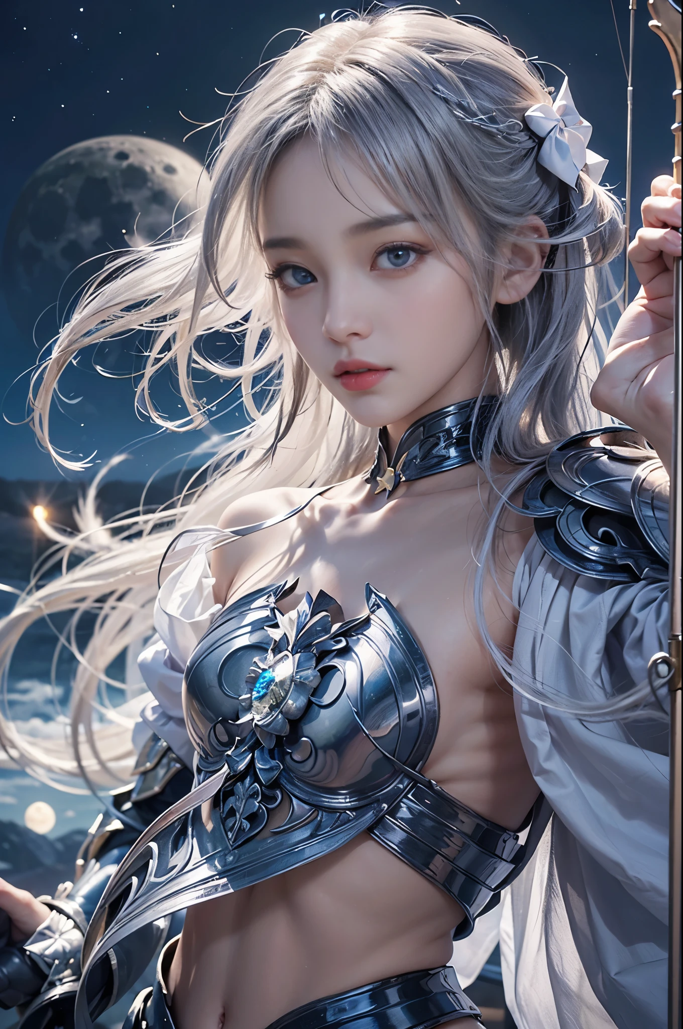 (Archer girl dressed in armor like an enchanting moon goddess),(Realistic Beautiful Night Sorceress),(Artemis, goddess of the moon),Silver bow and arrow with luxurious decoration in the hand,Ready to shoot the bow,mysterious girl,Amazing effect,(small tits),Lifelike face,Compassionate eyes,cute face,Blue eyes,Realistic Nada Room,Silver hair shining like the moon,de pele branca,Young Goddess,Photoquality,Dignified Moon,Tsurime,Blue glowing eyes,((Bow Drawing Pose:1.4)),Flat Chest,Flat bust,Small breasts,Are thin,Slim figure,Beautiful girl in light pink underwear,Korean famous idol beautiful girl star dancer,