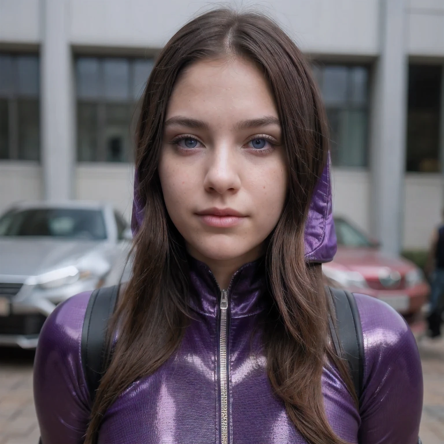 photo of a college student, in Purple Pink, futuristic space suit, (freckles:0.8) cute face, sci-fi, dystopian, detailed eyes, Heterochromia eyes（（school student））