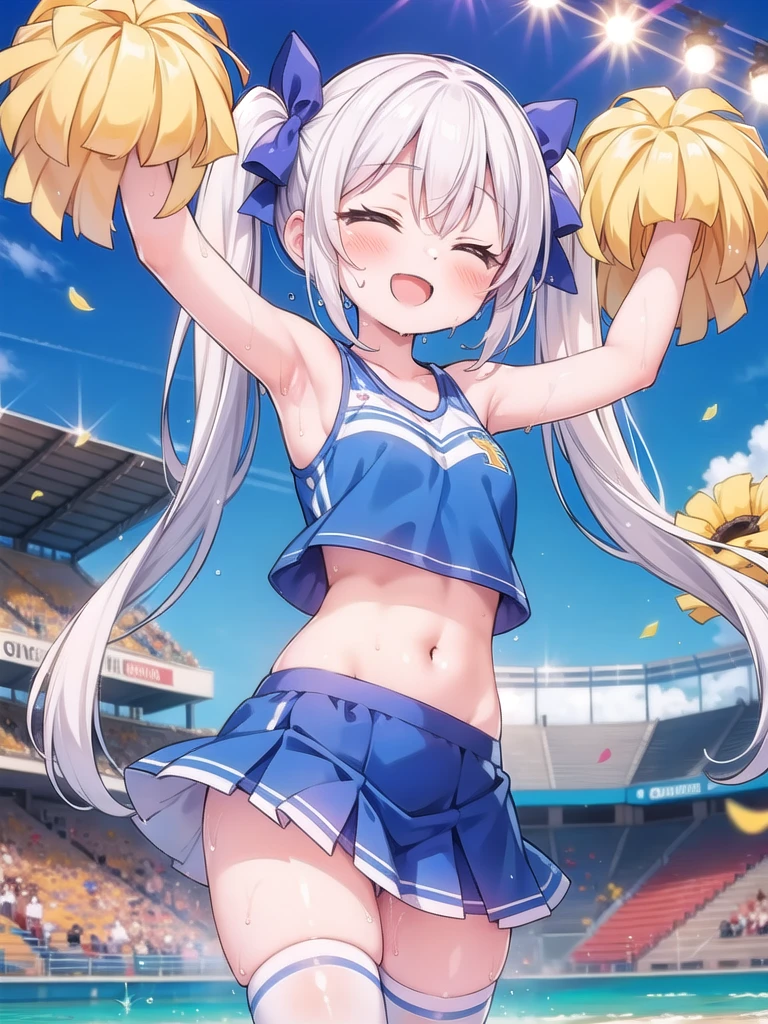 1girl, best quality, perfect hands, very long hair, white hair, white thighhighs, navel, bare arms, twintails, hair bow, very short skirt, cheerleader, cheergirl, blush, profuse sweating, wet, wet clothes, wet body, :d, closed eyes, armpits, happy, hand-cranked cheering flower, happy smile